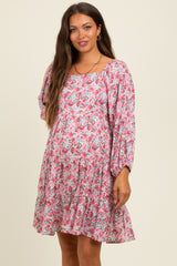 Pink Rose Print Long Sleeve Maternity Dress