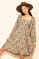 Yellow Rose Print Long Sleeve Maternity Dress