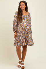 Yellow Rose Print Long Sleeve Maternity Dress