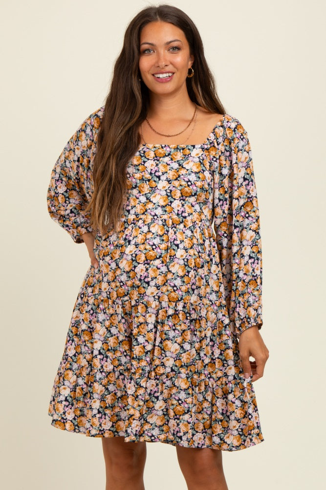 Yellow Rose Print Long Sleeve Maternity Dress