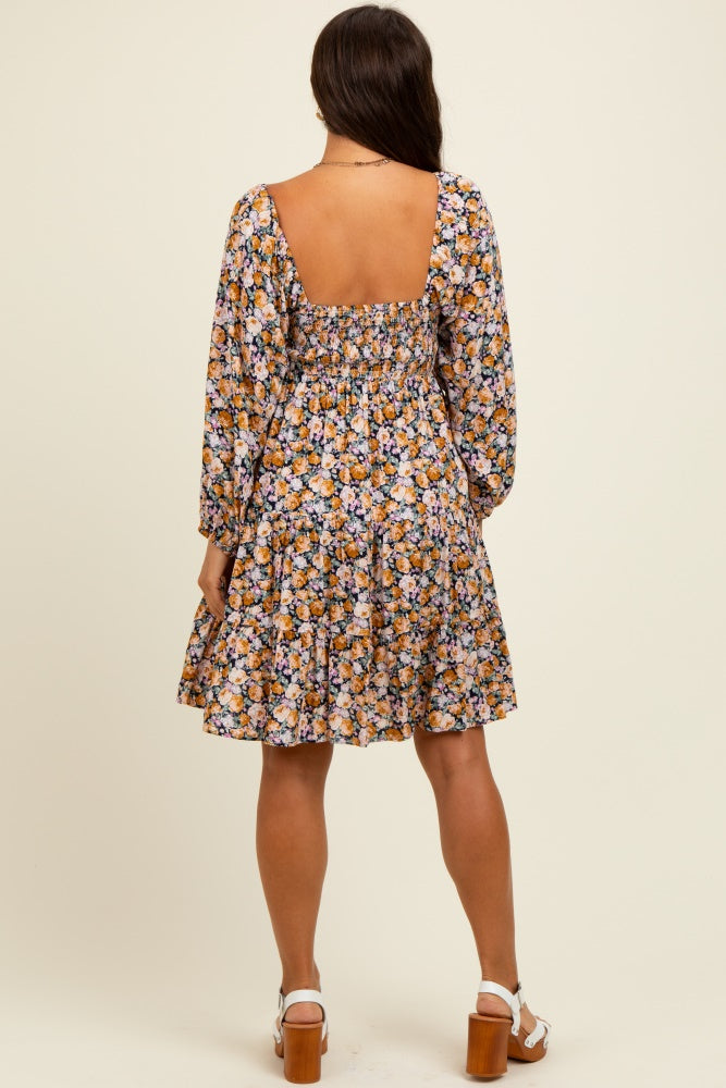 Yellow Rose Print Long Sleeve Maternity Dress