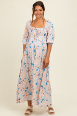 Peach Floral Smocked Front Tie Maternity Maxi Dress