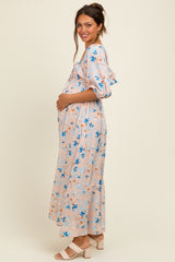 Peach Floral Smocked Front Tie Maternity Maxi Dress