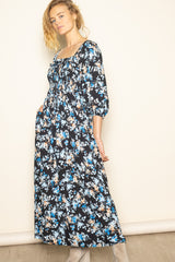 Black Floral Smocked Front Tie Maxi Dress