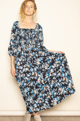 Black Floral Smocked Front Tie Maxi Dress