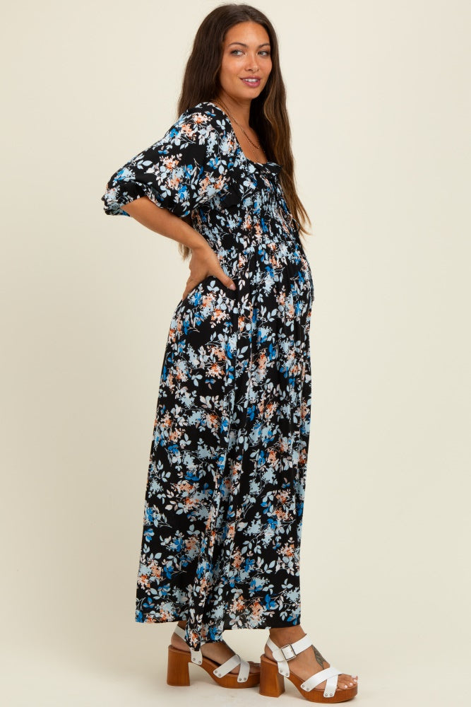 Black Floral Smocked Front Tie Maternity Maxi Dress