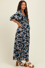 Black Floral Smocked Front Tie Maternity Maxi Dress