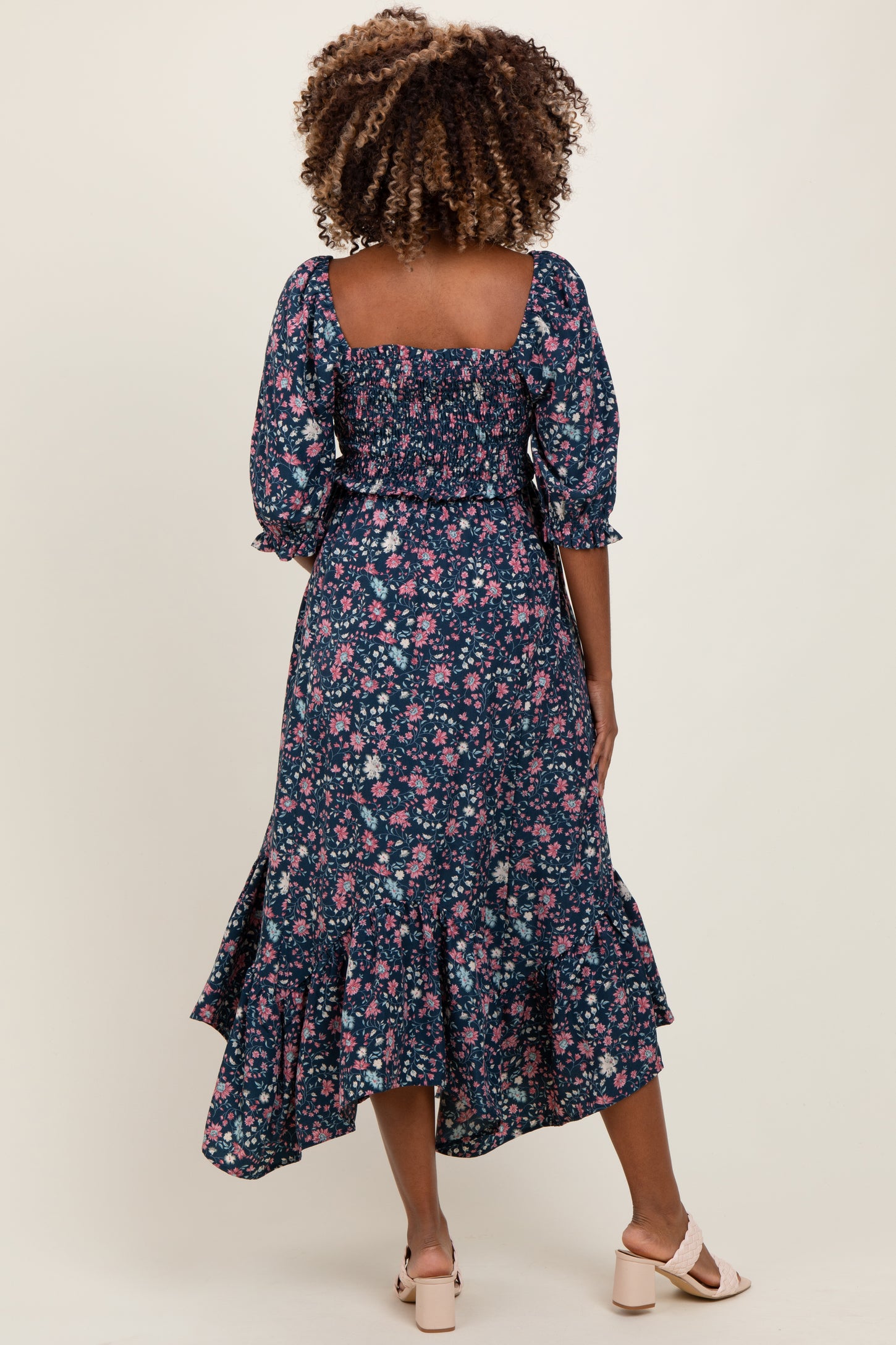 Navy Floral Smocked Handkerchief Hem Maternity Maxi Dress