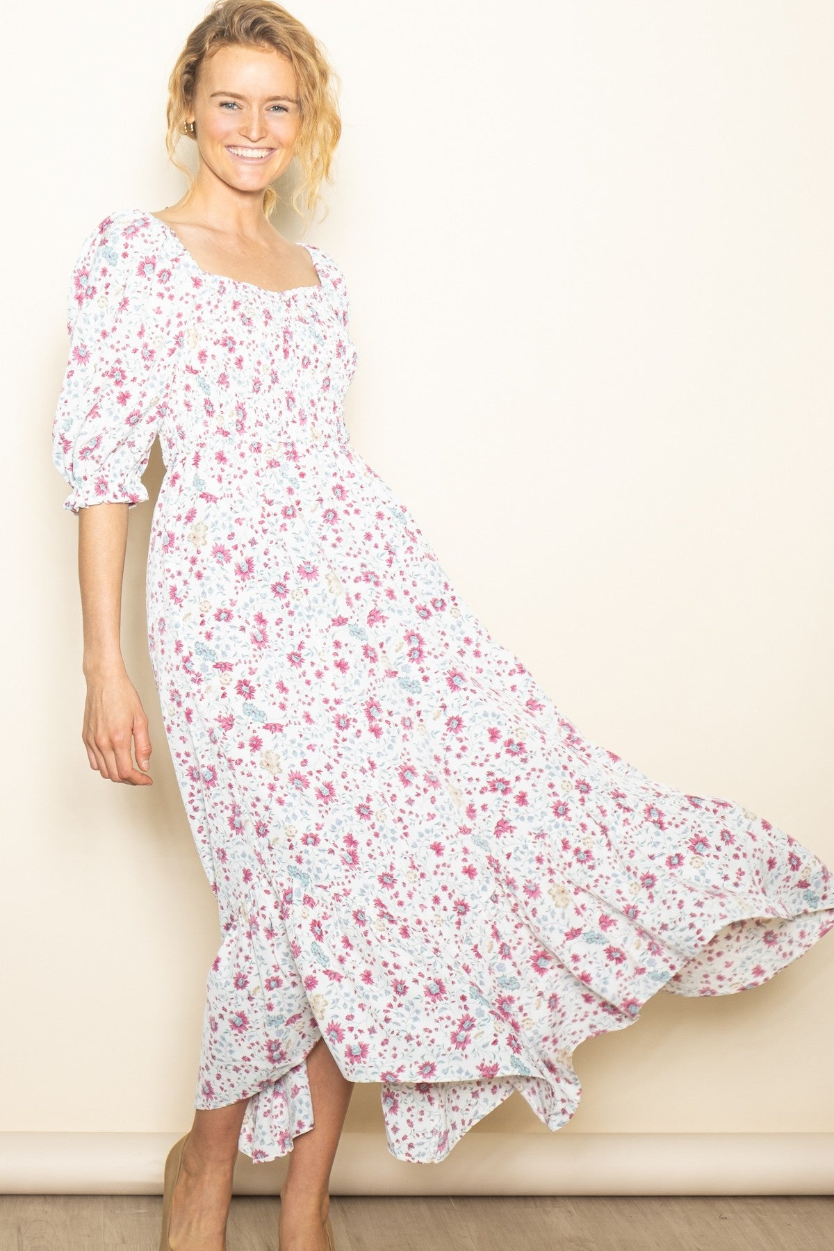 Ivory Floral Smocked Handkerchief Hem Maternity Maxi Dress