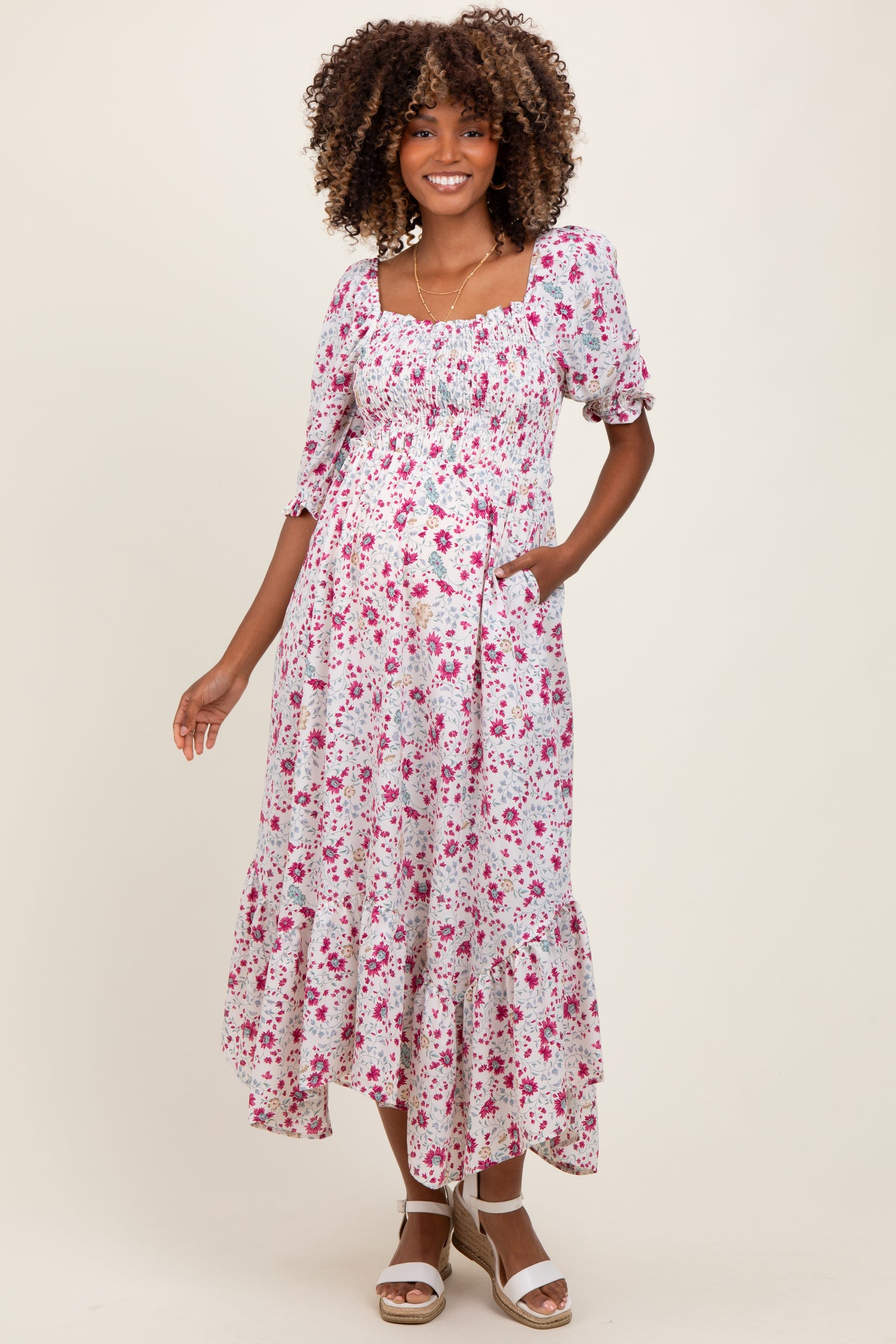 Ivory Floral Smocked Handkerchief Hem Maternity Maxi Dress Ivory Floral Smocked Handkerchief Hem Maternity Maxi Dress