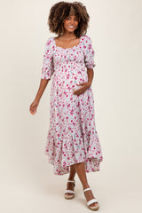 Ivory Floral Smocked Handkerchief Hem Maternity Maxi Dress