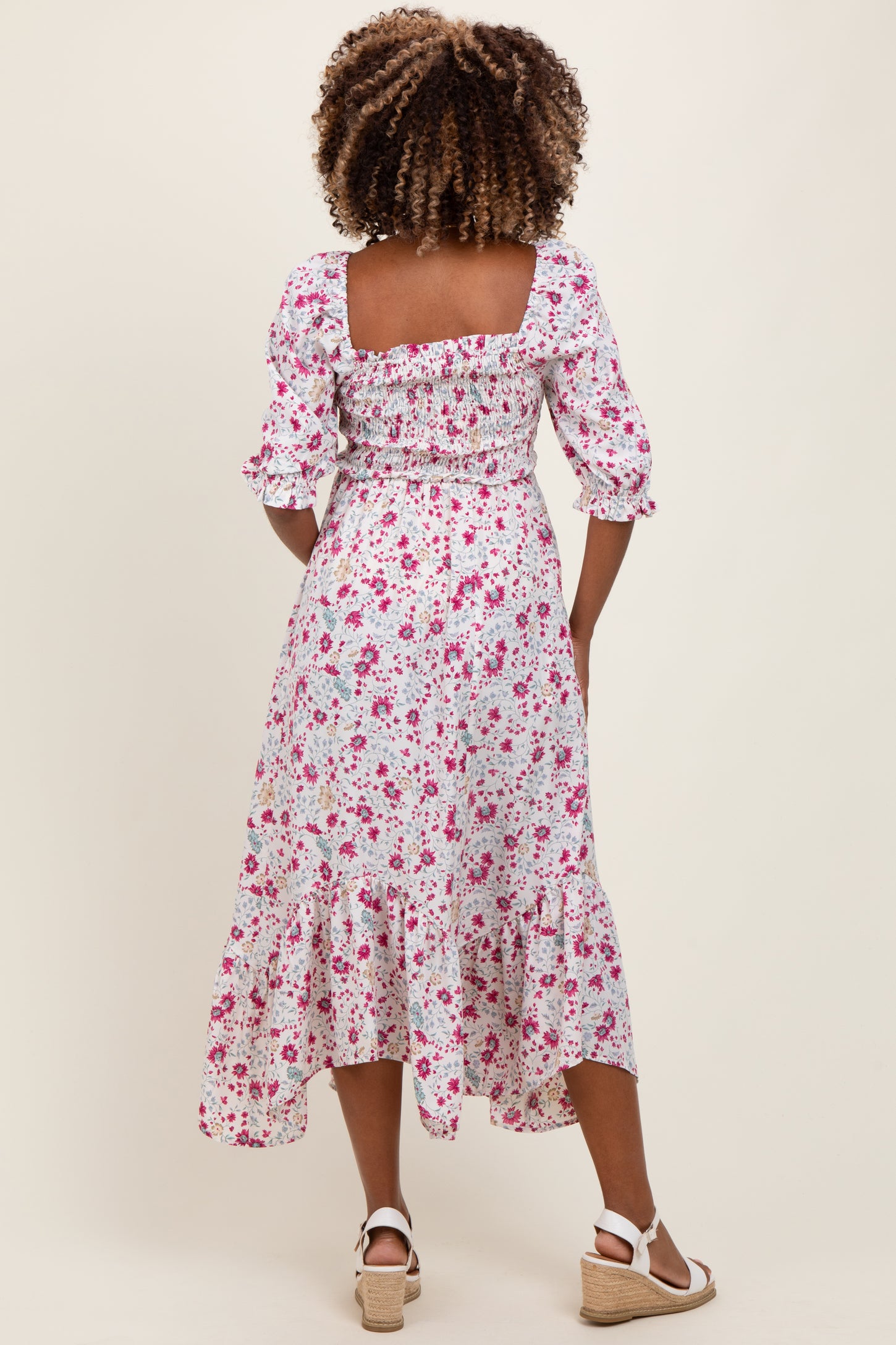 Ivory Floral Smocked Handkerchief Hem Maternity Maxi Dress