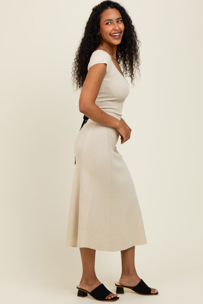 Cream/Black Short Cap Sleeve Tie Back Sweater Midi Dress