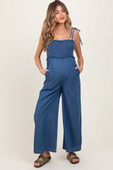 Blue Chambray Shoulder Tie Smocked Maternity Jumpsuit