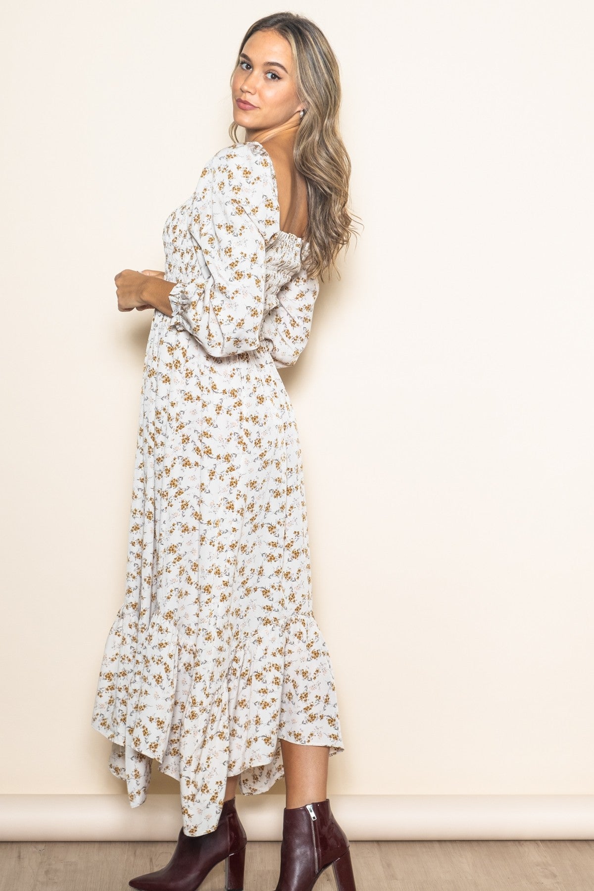 Ivory Floral Smocked Handkerchief Hem Maxi Dress
