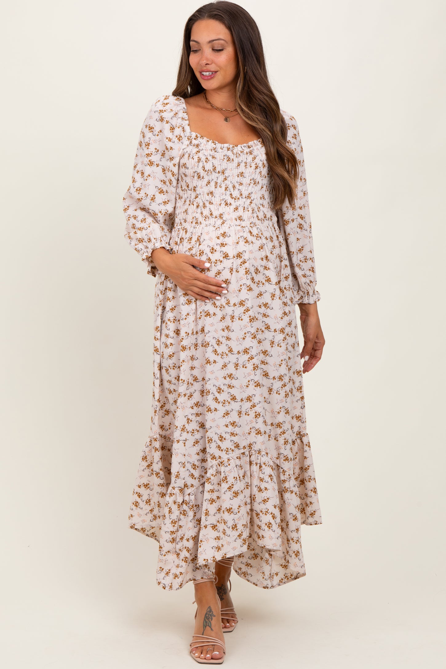 Ivory Floral Smocked Handkerchief Hem Maternity Maxi Dress