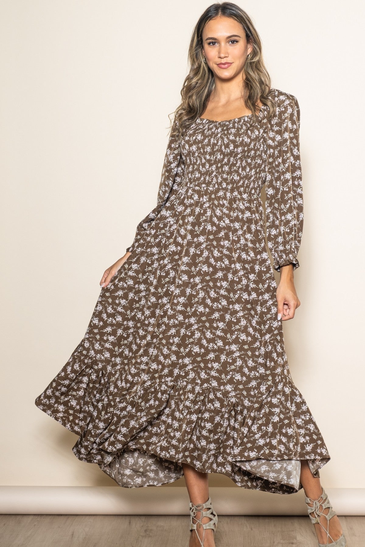 Brown Floral Smocked Handkerchief Hem Maternity Maxi Dress