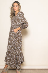 Brown Floral Smocked Handkerchief Hem Maxi Dress