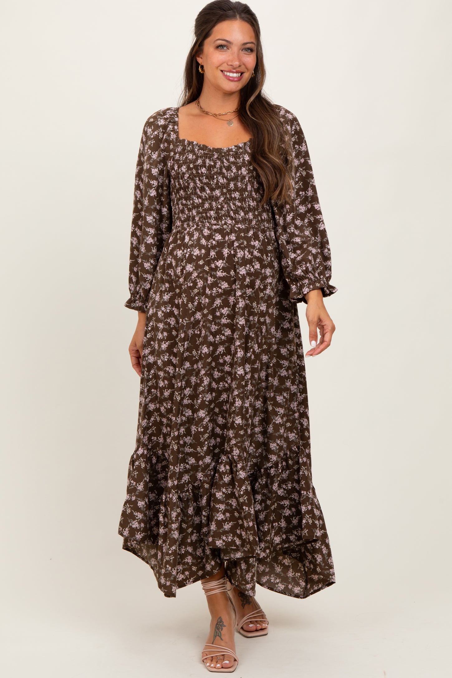 Brown Floral Smocked Handkerchief Hem Maternity Maxi Dress