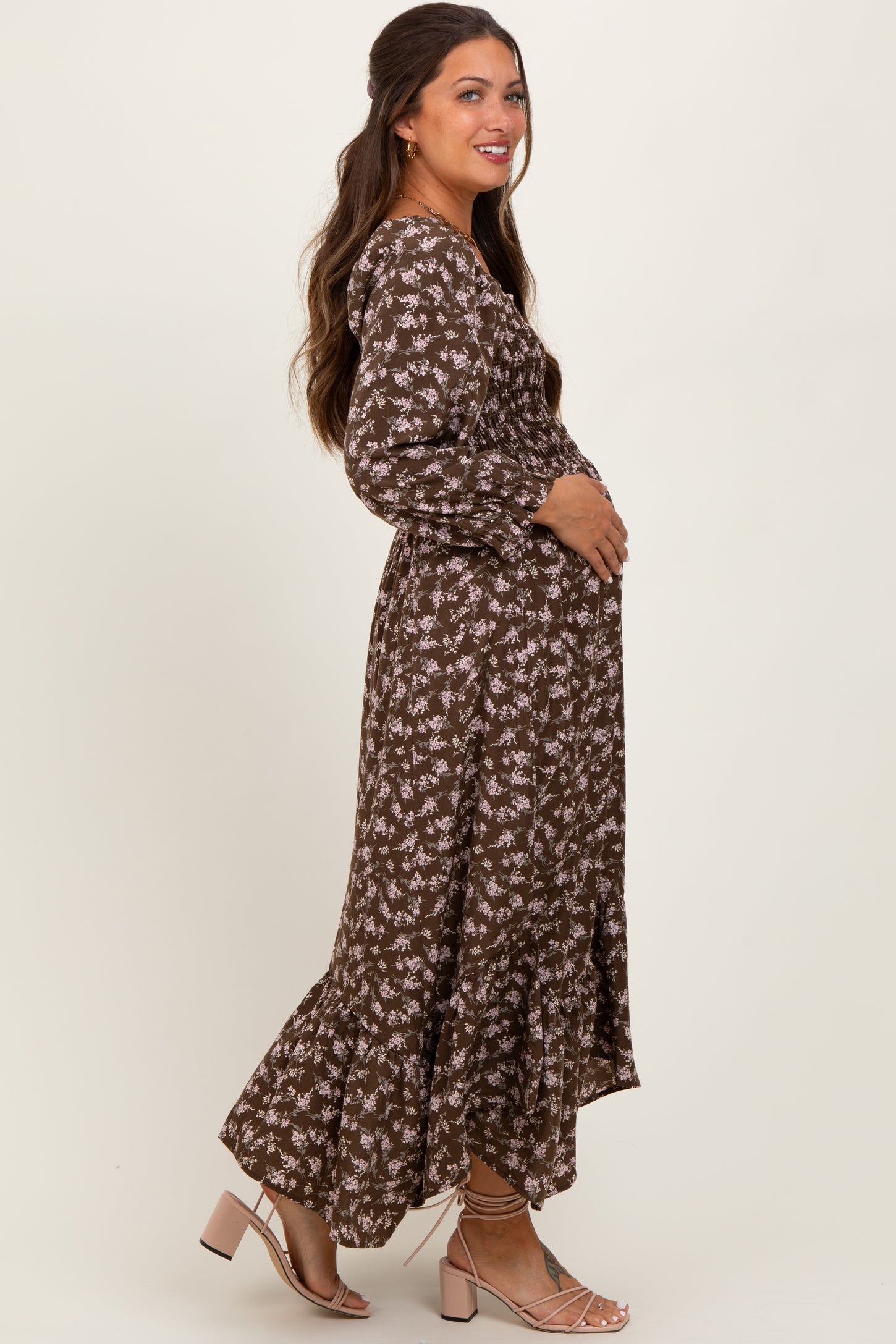 Brown Floral Smocked Handkerchief Hem Maternity Maxi Dress