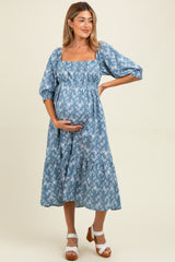 Blue Floral Back Cutout Ribbon Tie Maternity Maxi Dress