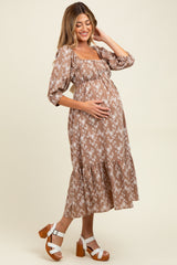Light Taupe Floral Back Cutout Ribbon Tie Maternity Maxi Dress