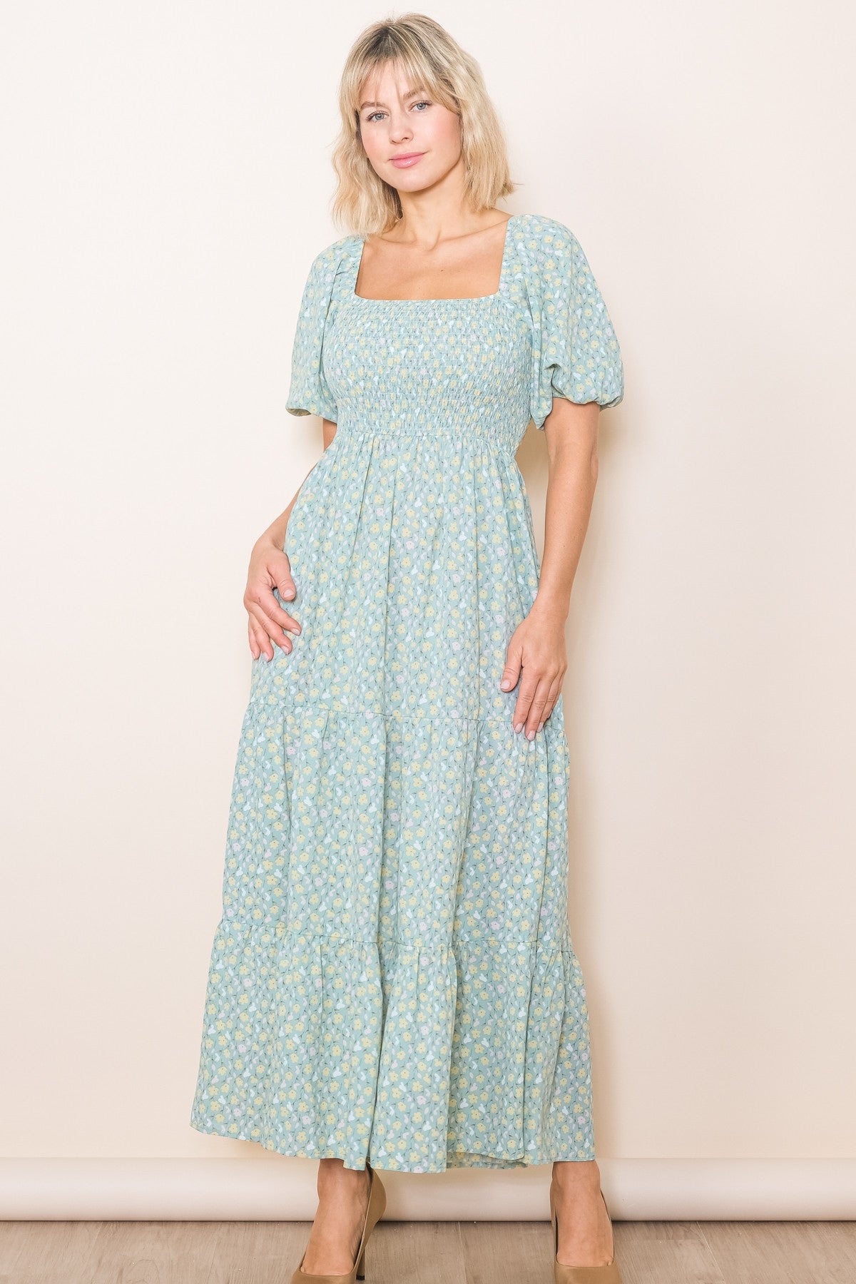 Mint Floral Smocked Tiered Maxi Dress