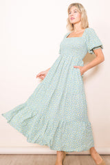 Mint Floral Smocked Tiered Maxi Dress