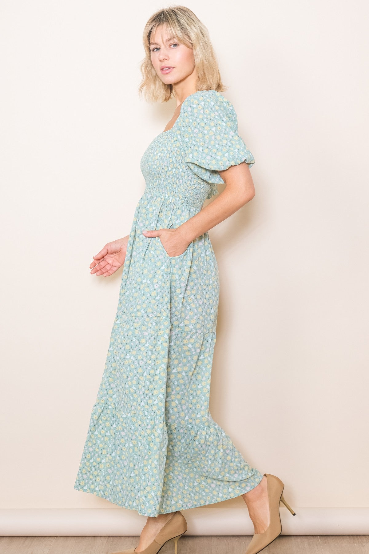 Mint Floral Smocked Tiered Maxi Dress