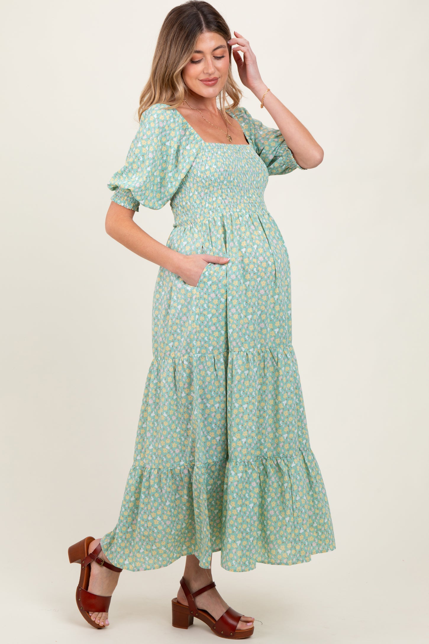 Mint Floral Smocked Tiered Maternity Maxi Dress