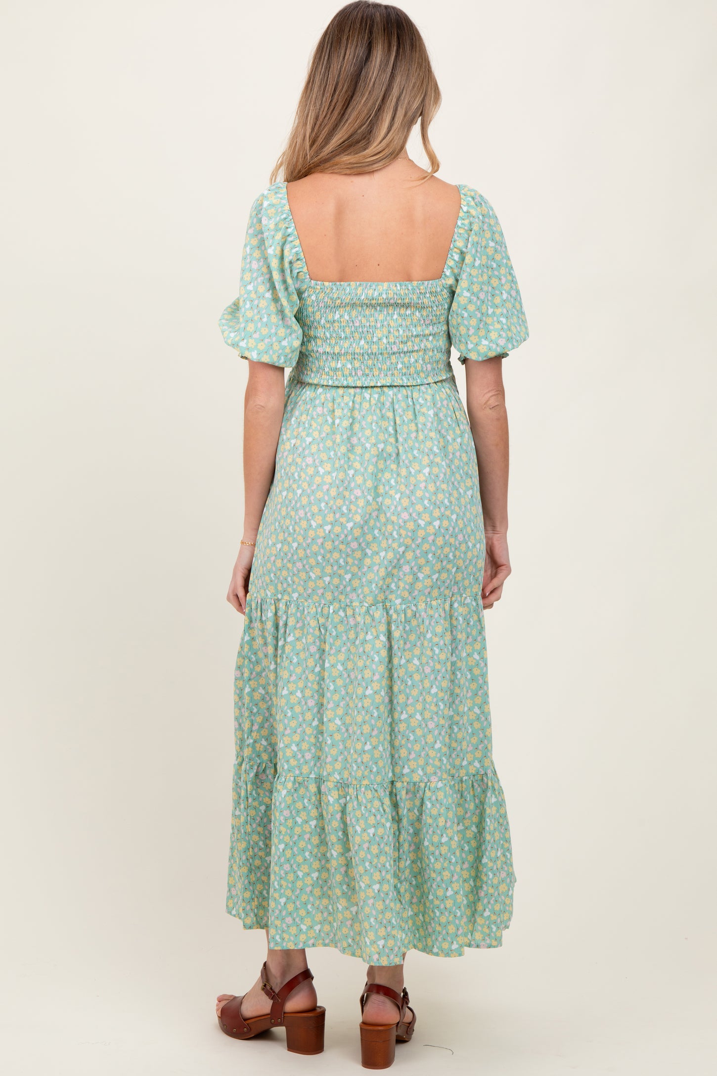 Mint Floral Smocked Tiered Maternity Maxi Dress