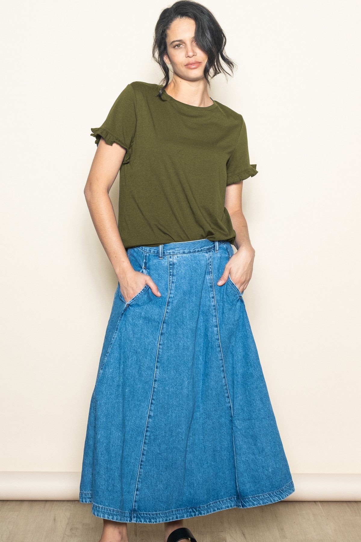 Olive Ruffle Trim Short Sleeve T-Shirt