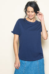 Navy Ruffle Trim Short Sleeve T-Shirt
