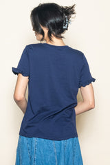 Navy Ruffle Trim Short Sleeve T-Shirt
