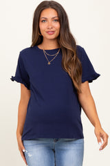 Navy Ruffle Trim Short Sleeve Maternity T-Shirt