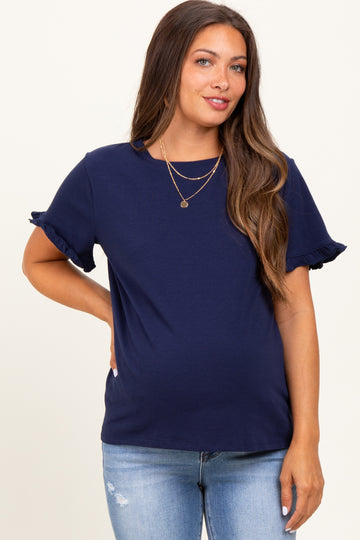 Navy Ruffle Trim Short Sleeve Maternity T-Shirt
