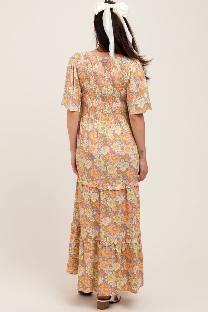 Peach Floral Smocked Ruffle Tier Maternity Maxi Dress