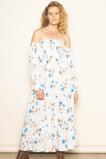 Ivory Floral Off Shoulder Long Sleeve Maxi Dress