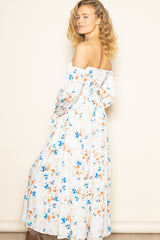 Ivory Floral Off Shoulder Long Sleeve Maxi Dress