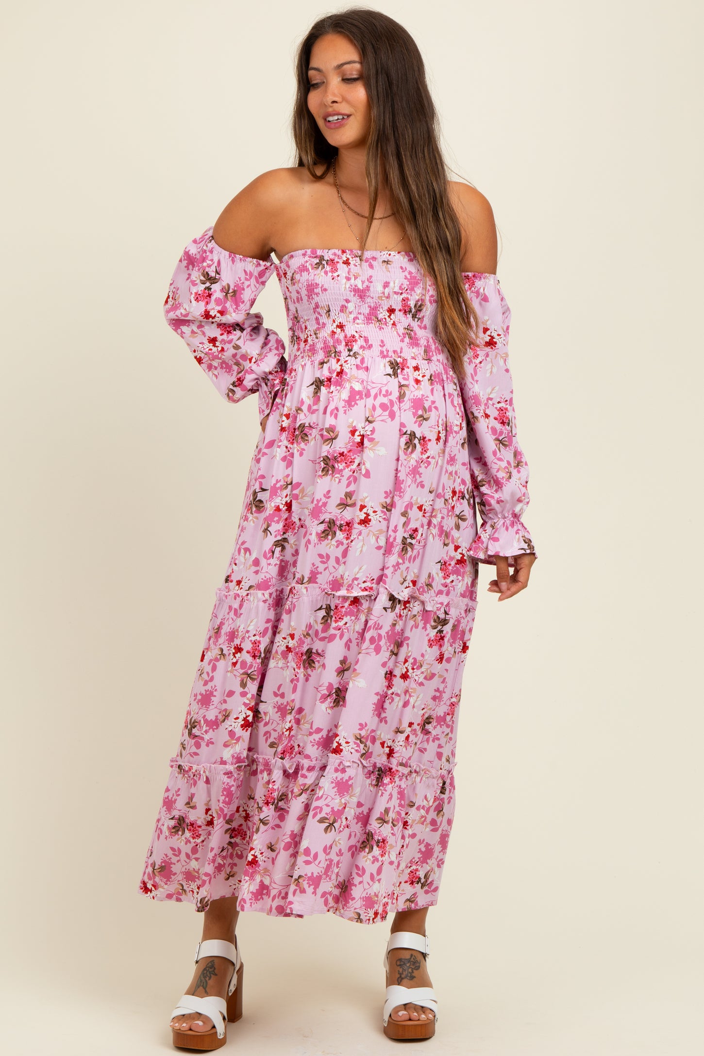 Light Pink Floral Off Shoulder Long Sleeve Maternity Maxi Dress
