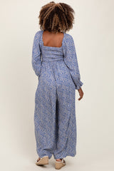 Blue Floral Long Sleeve Wide Leg Maternity Jumpsuit
