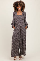 Navy Floral Long Sleeve Wide Leg Maternity Jumpsuit