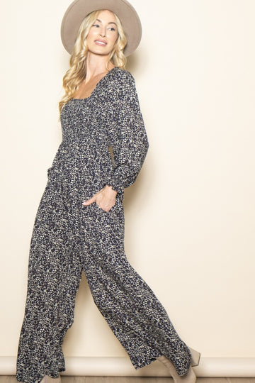 Navy Floral Long Sleeve Wide Leg Jumpsuit