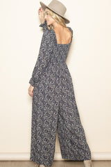 Navy Floral Long Sleeve Wide Leg Jumpsuit