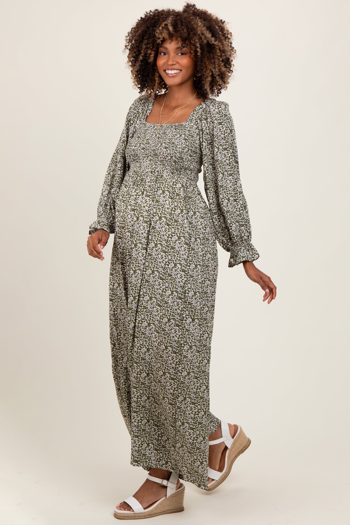 Olive Floral Long Sleeve Wide Leg Maternity Jumpsuit
