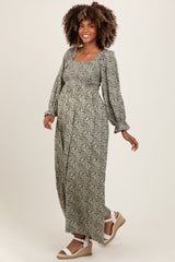Olive Floral Long Sleeve Wide Leg Maternity Jumpsuit
