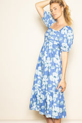 Blue Floral Pleated Bodice Midi Dress