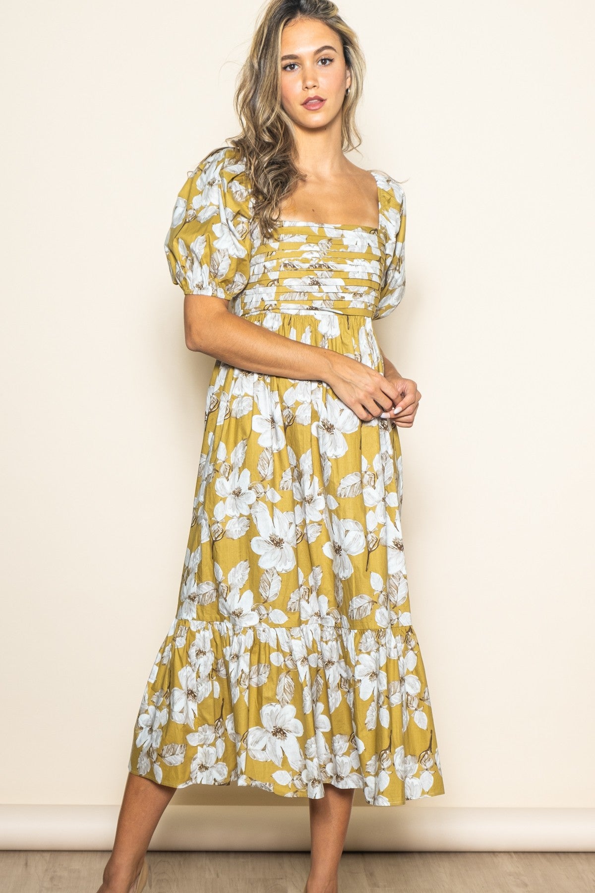 Olive Floral Pleated Bodice Maternity Midi Dress
