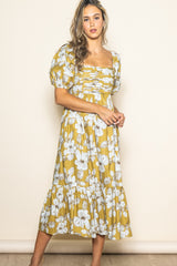 Olive Floral Pleated Bodice Midi Dress