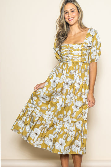 Olive Floral Pleated Bodice Midi Dress